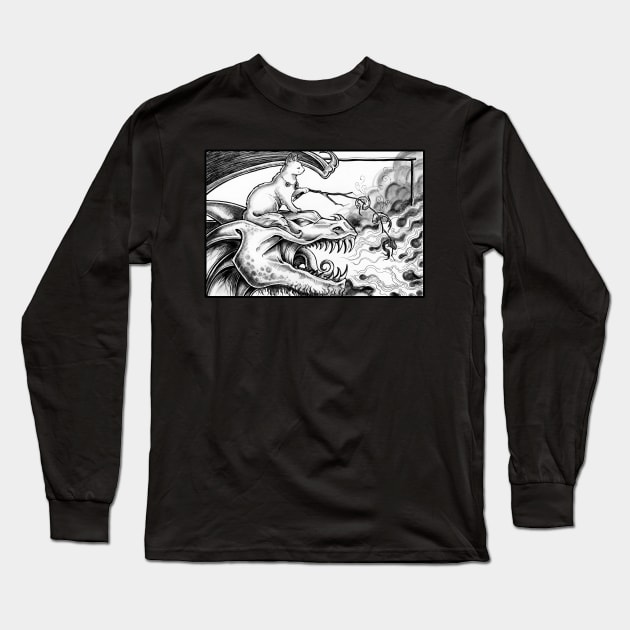 Cat with Pet Dragon Roasting Fish Long Sleeve T-Shirt by Nat Ewert Art